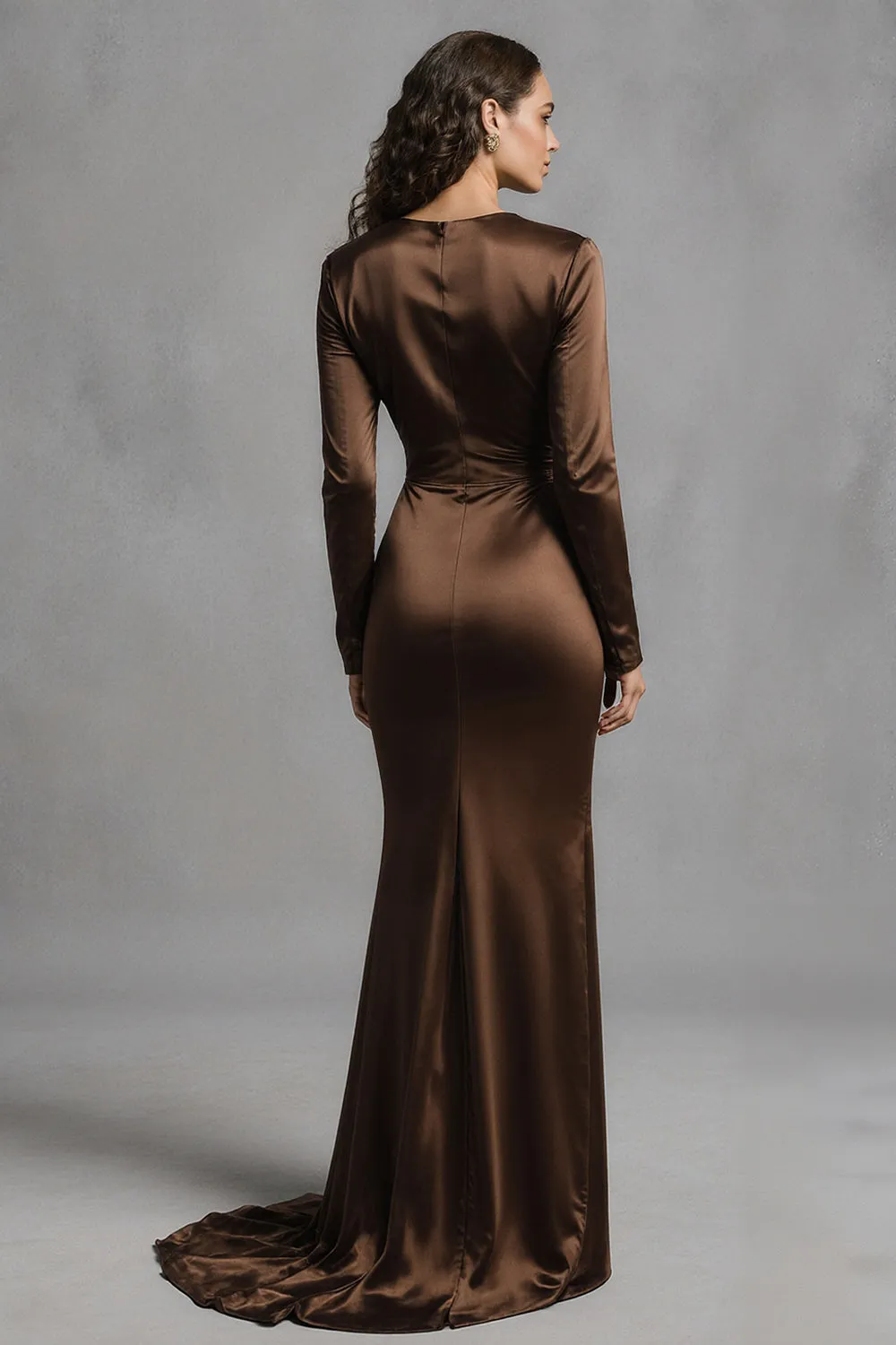 Coffee Sheath Satin Ruched Long Sleeves Formal Dress sold by Zapaka product image thumbnail 2