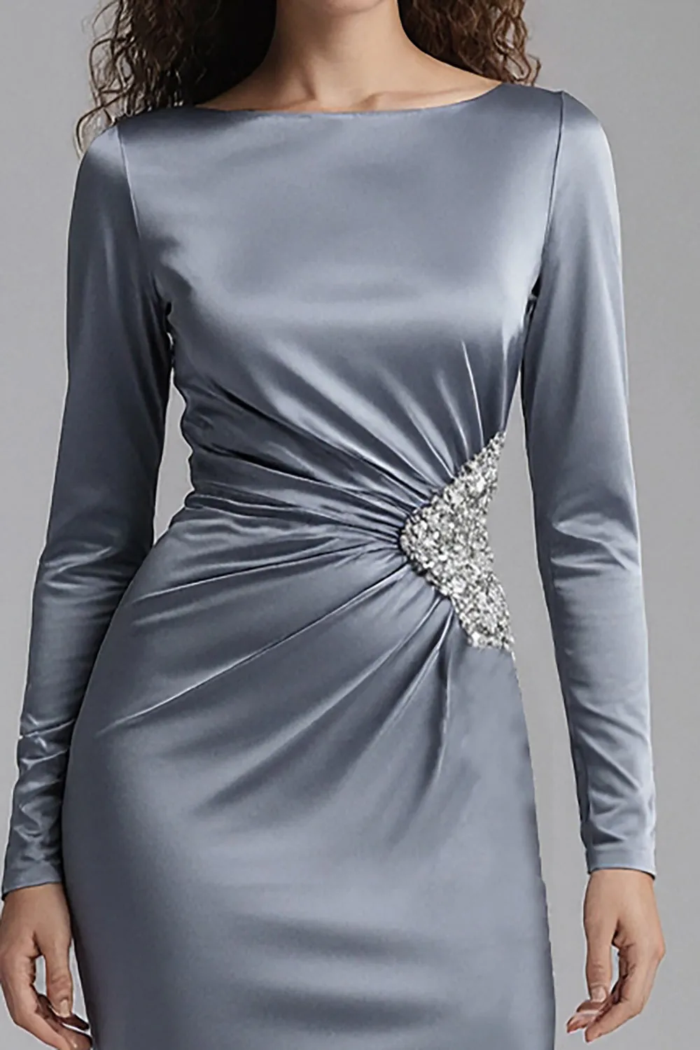 Dusty Blue Satin Sheath Long Sleeves Formal Dress with Rhinestones sold by Zapaka product image thumbnail 3