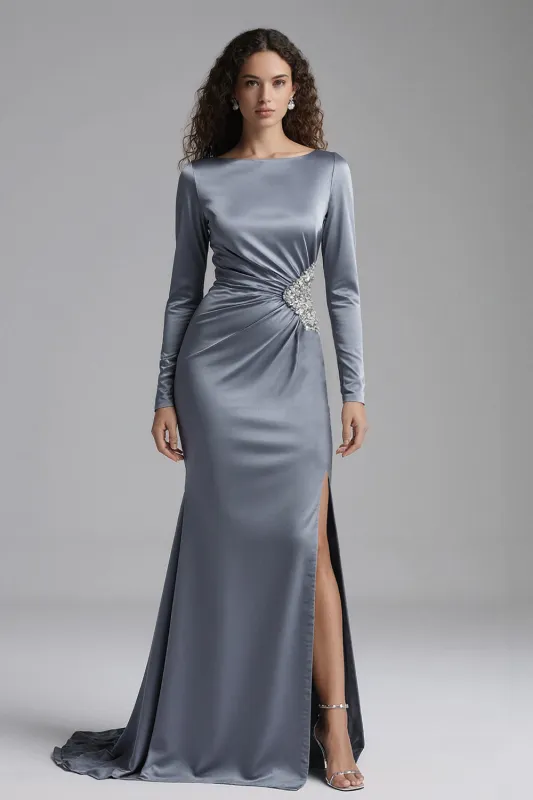 Dusty Blue Satin Sheath Long Sleeves Formal Dress with Rhinestones sold by Zapaka