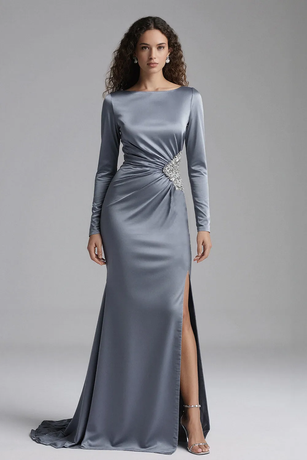 Dusty Blue Satin Sheath Long Sleeves Formal Dress with Rhinestones sold by Zapaka