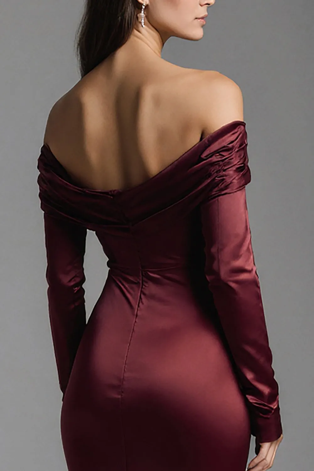 Burgundy Sheath Off the Shoulder Satin Long Formal Dress with Slit sold by Zapaka product image thumbnail 4