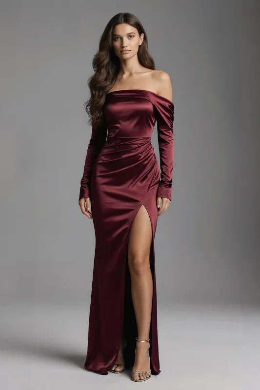 Burgundy Sheath Off the Shoulder Satin Long Formal Dress with Slit sold by Zapaka