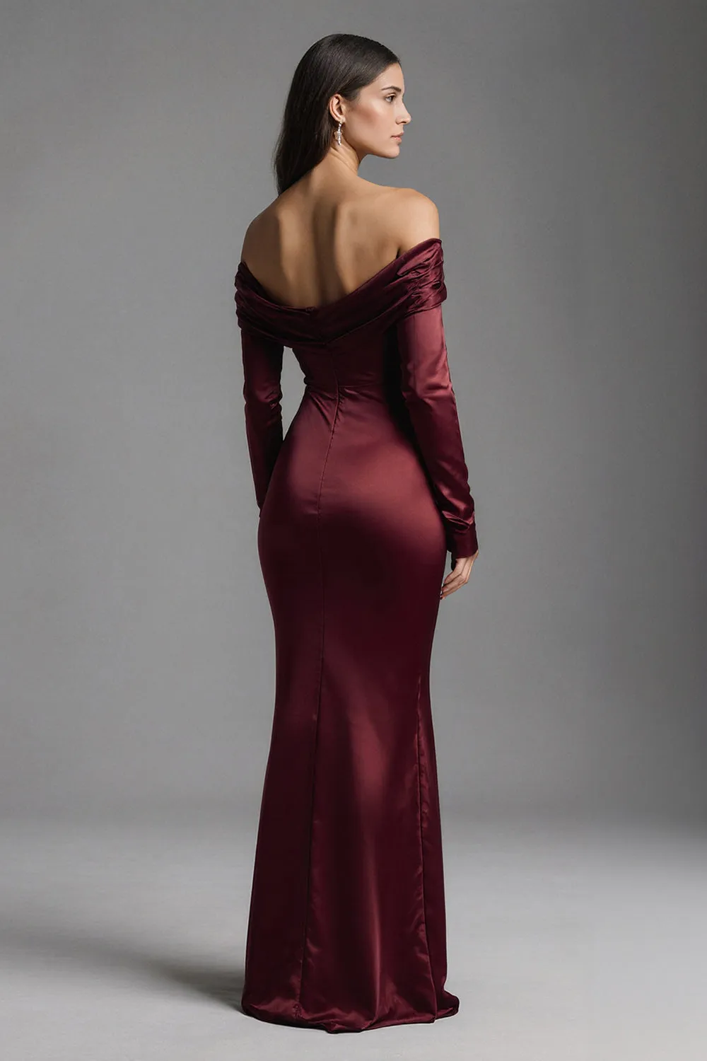 Burgundy Sheath Off the Shoulder Satin Long Formal Dress with Slit sold by Zapaka product image thumbnail 2