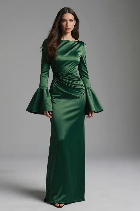 Dark Green Satin Bateau Neck Sheath Long Formal Dress sold by Zapaka