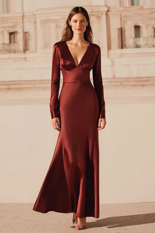 Burgundy Satin Mermaid V-Neck Long Formal Dress sold by Zapaka