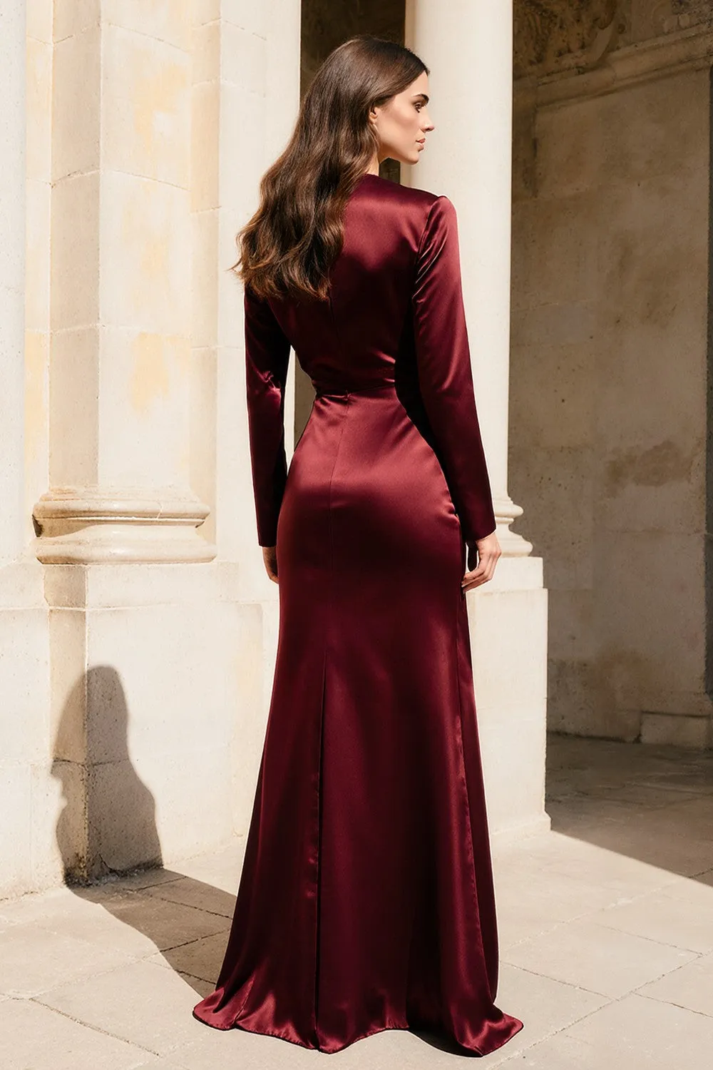 Burgundy Satin V-Neck Long Sleeves Formal Dress sold by Zapaka product image thumbnail 2