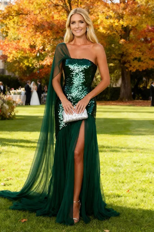 Sparkly Dark Green Sequin One Shoulder Sheath Long Formal Dress with Slit sold by Zapaka