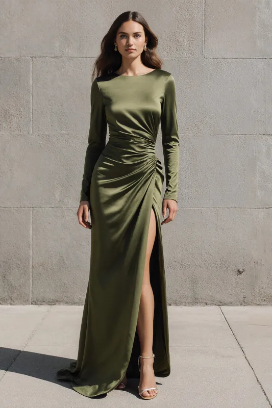 Olive Mermaid Satin Long Sleeves Formal Dress with Slit made by Zapaka