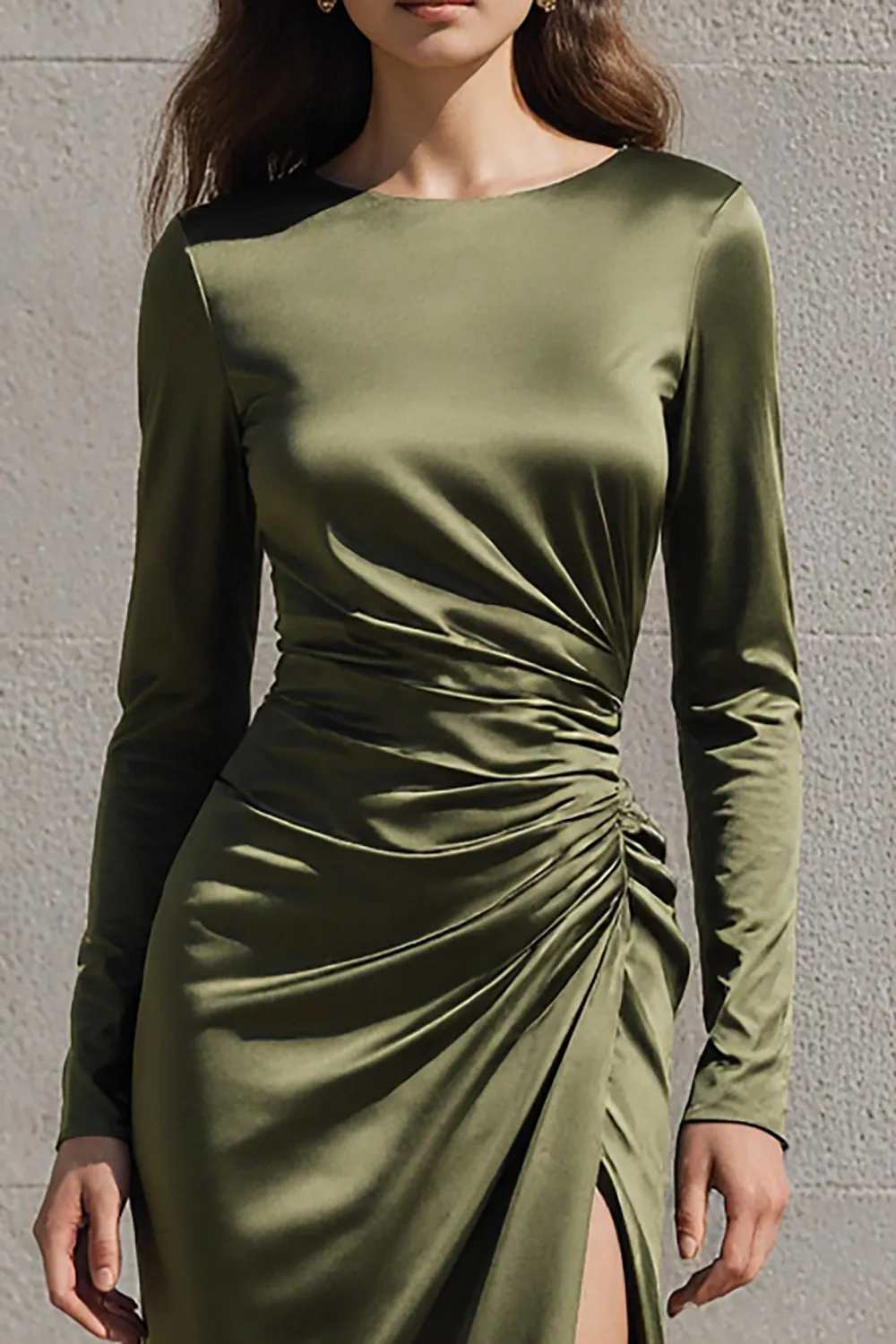Olive Mermaid Satin Long Sleeves Formal Dress with Slit sold by Zapaka product image thumbnail 3