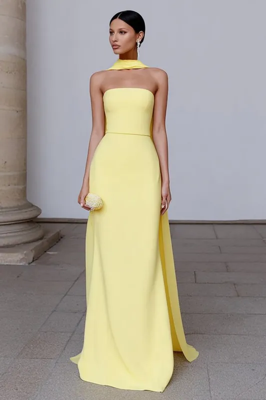 Strapless Sheath Yellow Formal Dress with Streamer sold by Zapaka