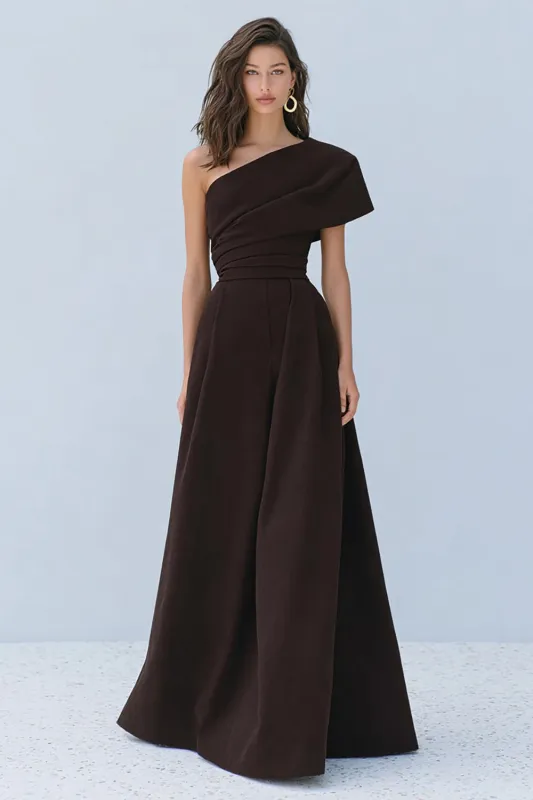 Coffee A Line One Shoulder Long Formal Dress sold by Zapaka