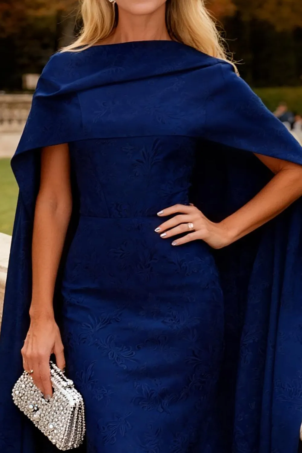 Navy Floral Mermaid Long Formal Dress with Cape sold by Zapaka product image thumbnail 3