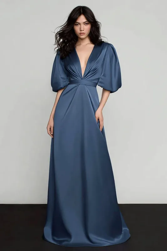 Dark blue A Line Satin V Neck Puff Sleeve Formal Dress sold by Zapaka