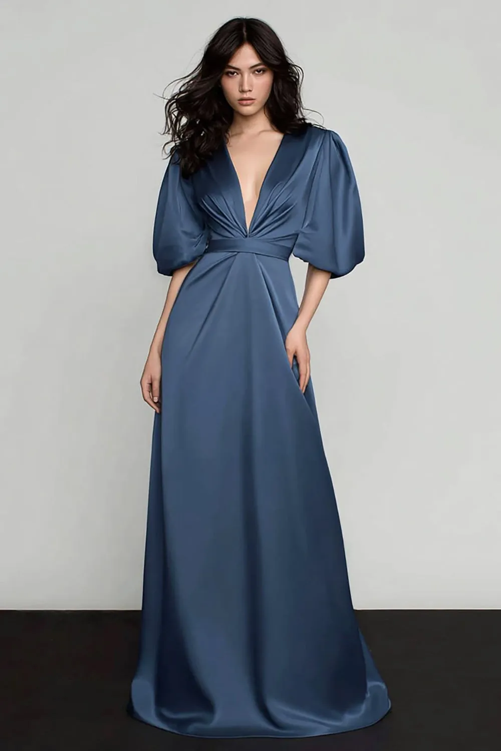 Dark blue A Line Satin V Neck Puff Sleeve Formal Dress sold by Zapaka