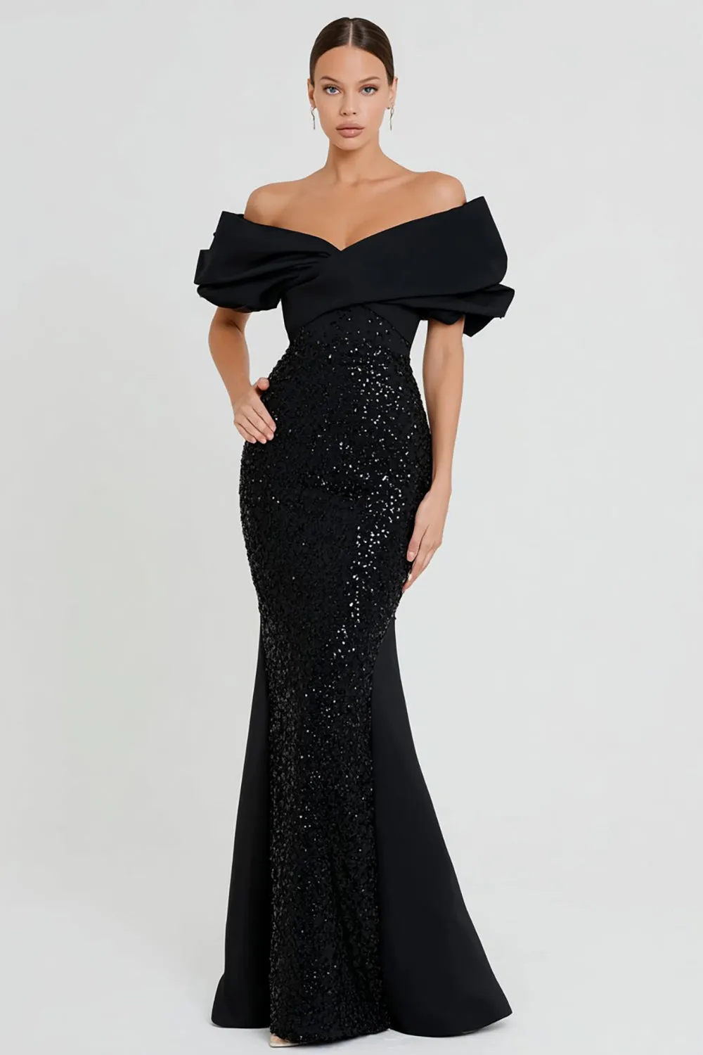 Off the Shoulder Mermaid Black Sequin Long Formal Dress sold by Zapaka