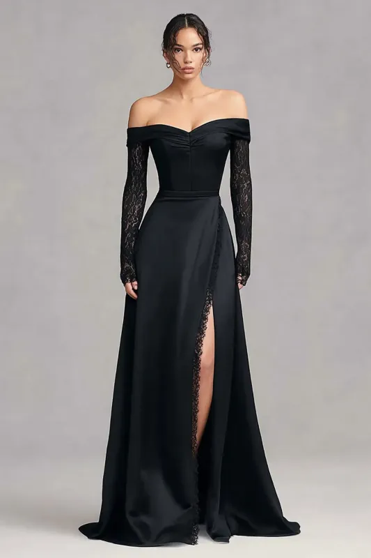Black Off the Shoulder Mermaid Satin Formal Dress with Long Sleeves sold by Zapaka