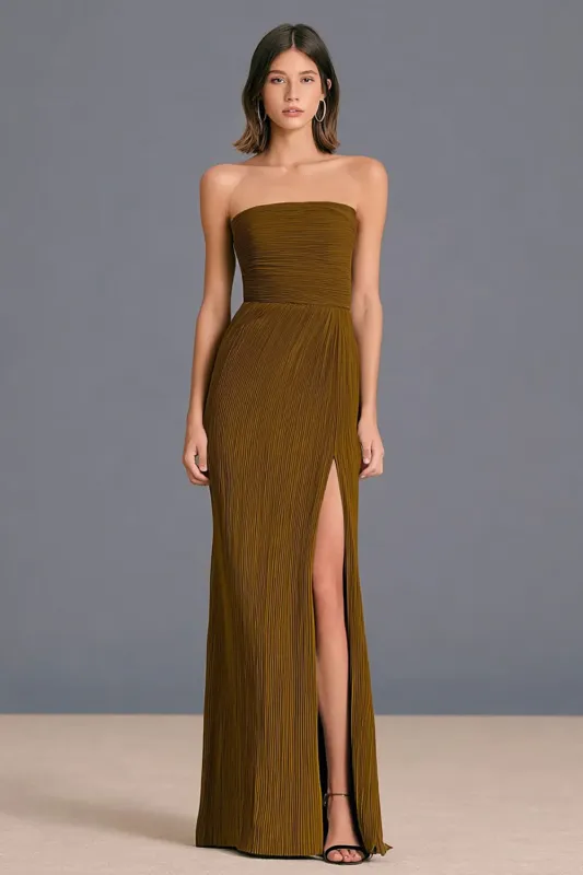 Brown Strapless Sheath Pleated Long Formal Dress with Slit sold by Zapaka