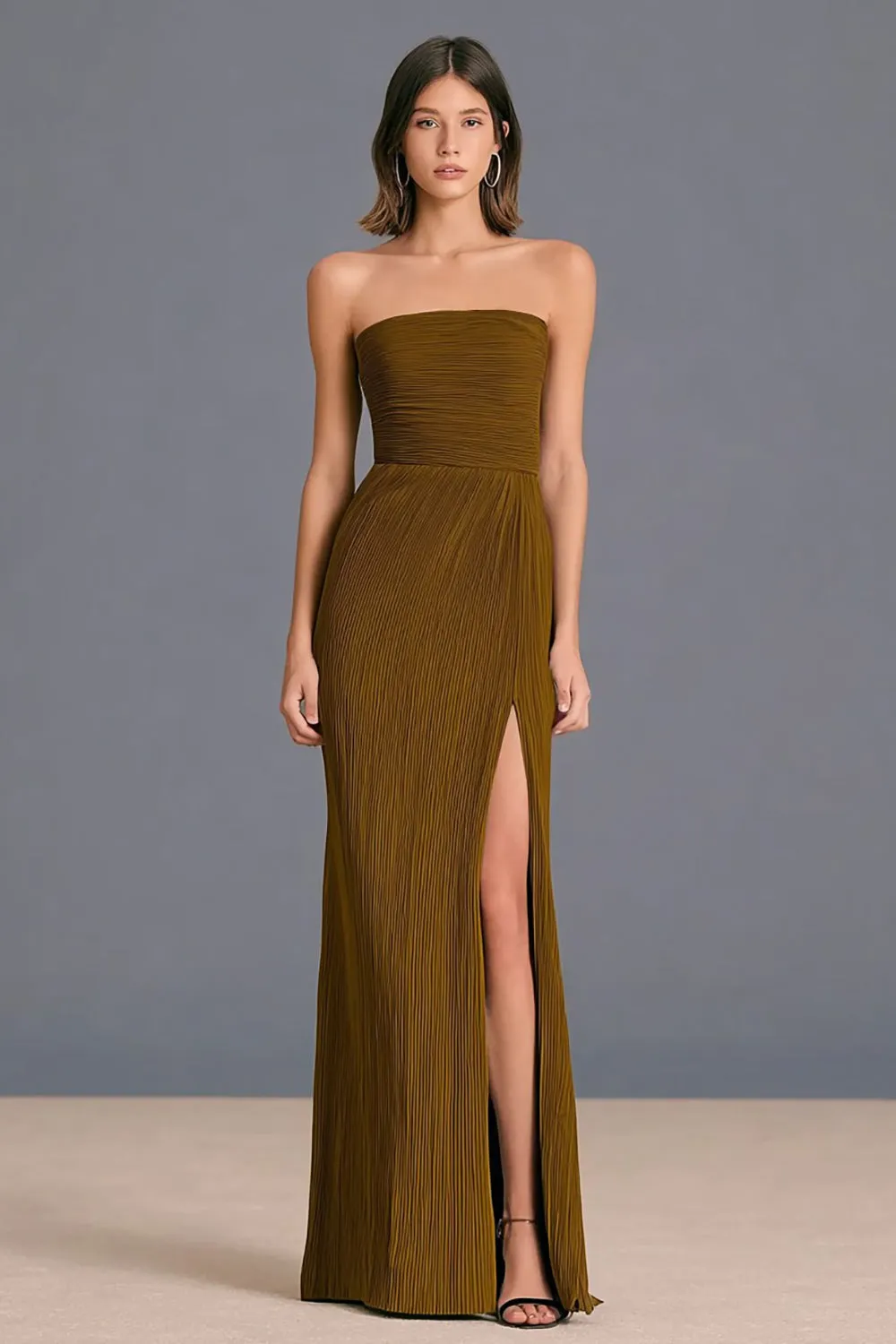 Brown Strapless Sheath Pleated Long Formal Dress with Slit sold by Zapaka