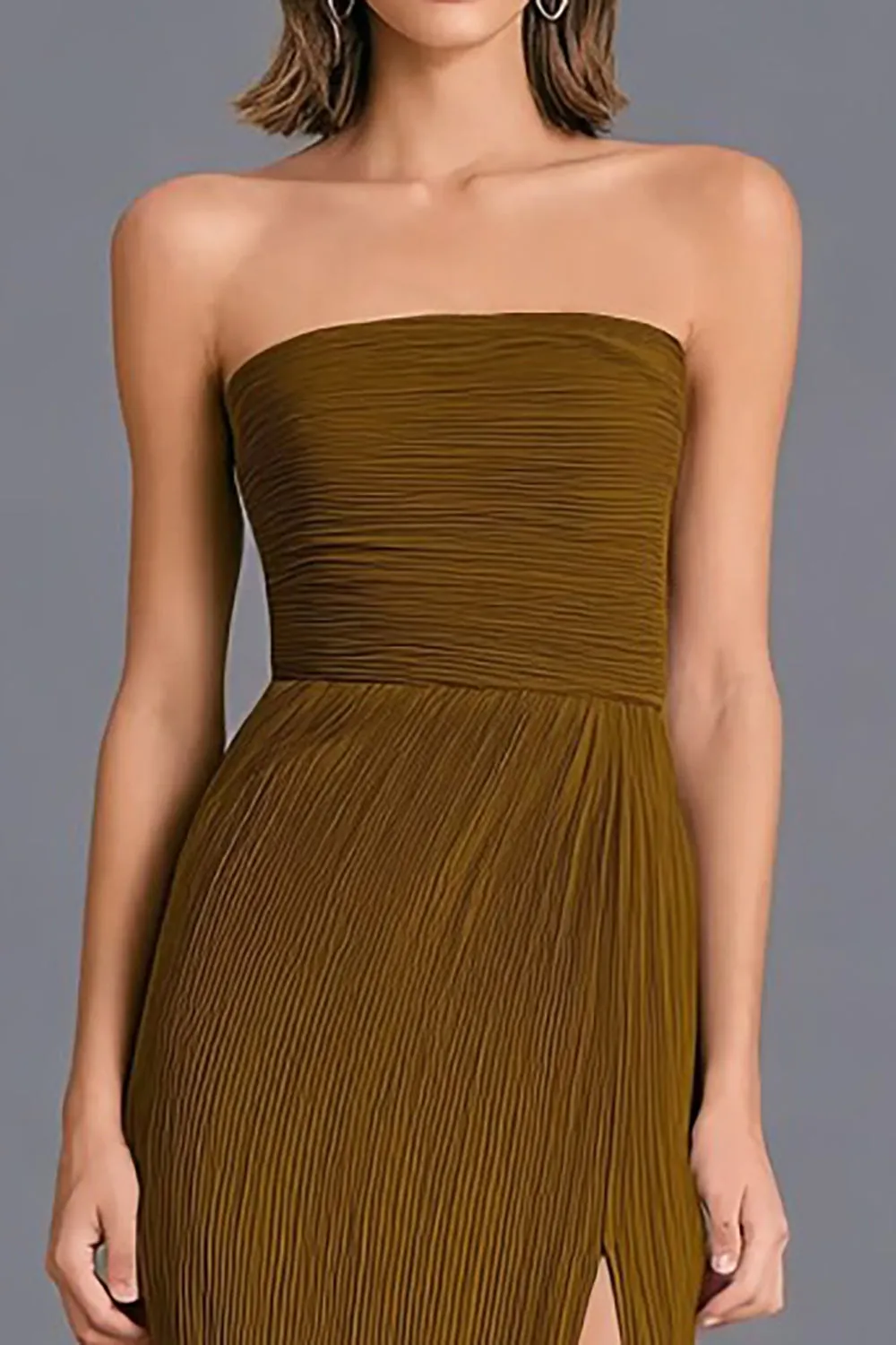 Brown Strapless Sheath Pleated Long Formal Dress with Slit sold by Zapaka product image thumbnail 2
