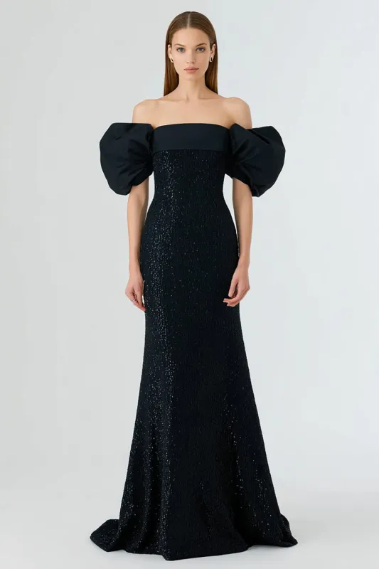 Black Off the Shoulder Mermaid Sequin Puff Sleeve Long Formal Dress sold by Zapaka