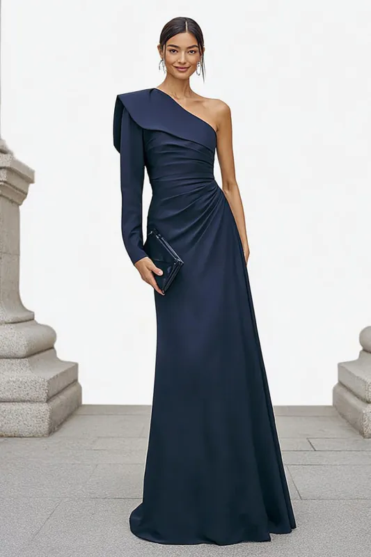 Navy One Shoulder Mermaid Long Sleeve Formal Dress sold by Zapaka