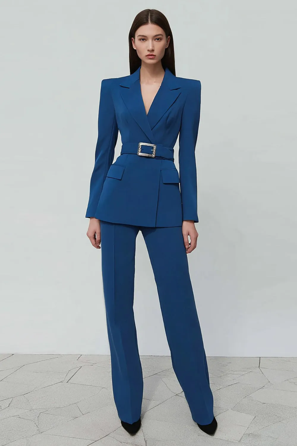 Dark Blue 2 Piece Notched Lapel Women's Business Suits with Belt sold by Zapaka