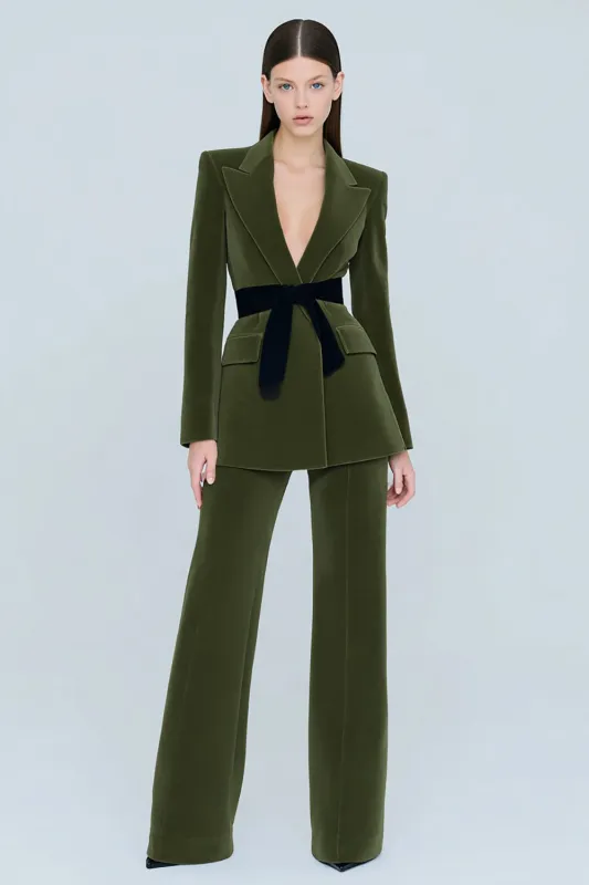 Olive Velvet Peak Lapel 2 Piece Women's Business Suits with Belt sold by Zapaka
