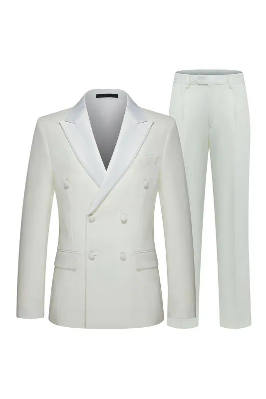 White 2 Piece Double Breasted Peak Lapel Men's Wedding Suits sold by Zapaka