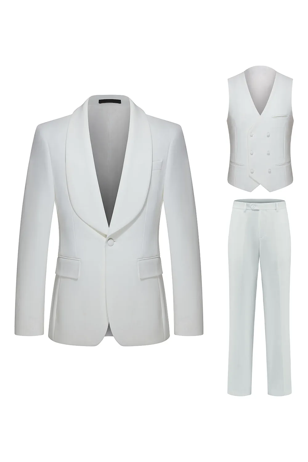 Shawl Lapel 3 Piece One Button White Men's Wedding Suits sold by Zapaka