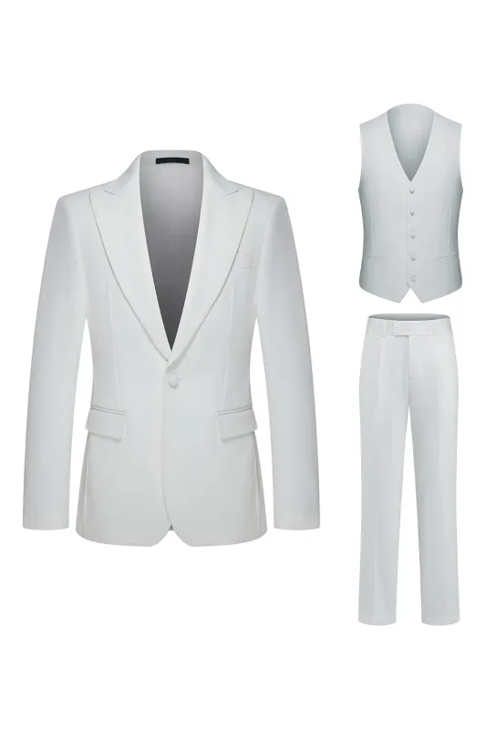 Peak Lapel 3 Piece One Button White Men's Wedding Suits sold by Zapaka
