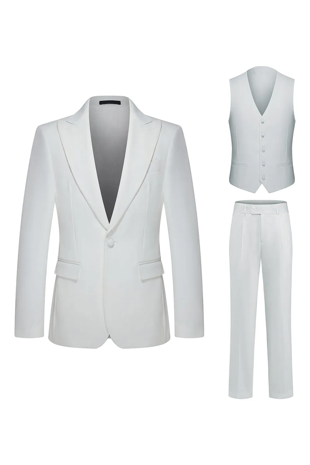 Peak Lapel 3 Piece One Button White Men's Wedding Suits sold by Zapaka
