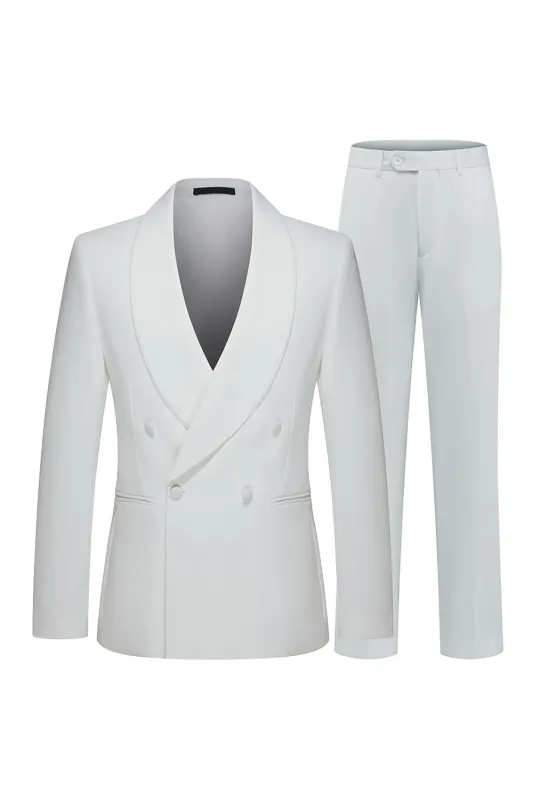 White 2 Piece Men's Shawl Lapel Double Breasted Wedding Suits sold by Zapaka