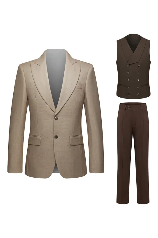 Khaki Coffee Peak Lapel Single Breasted Men's 3 Piece Suits sold by Zapaka