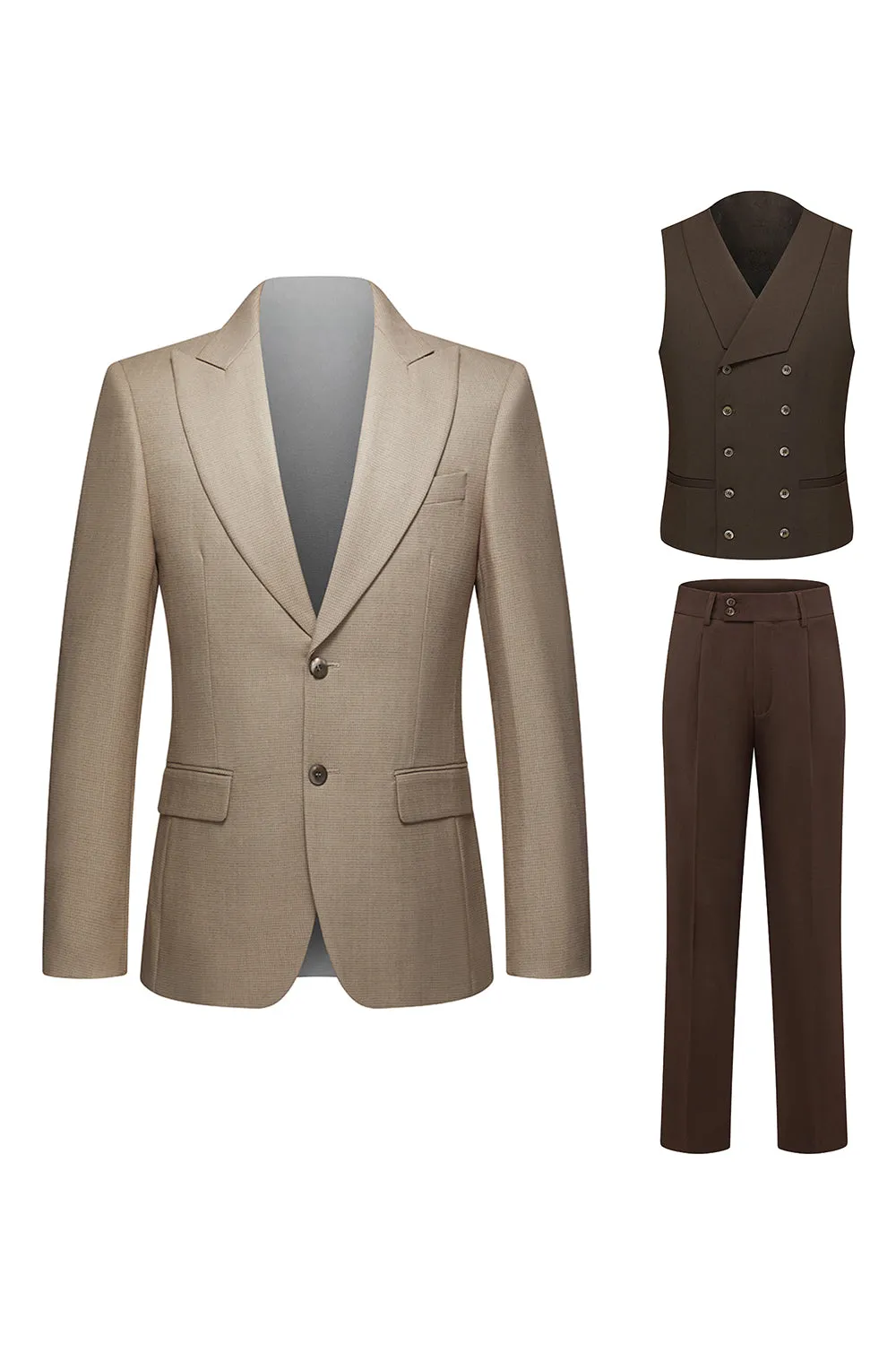 Khaki Coffee Peak Lapel Single Breasted Men's 3 Piece Suits sold by Zapaka