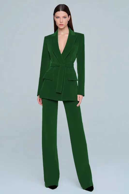 Dark Green 2-piece Velvet Peak Lapel Women Suits with Belt sold by Zapaka