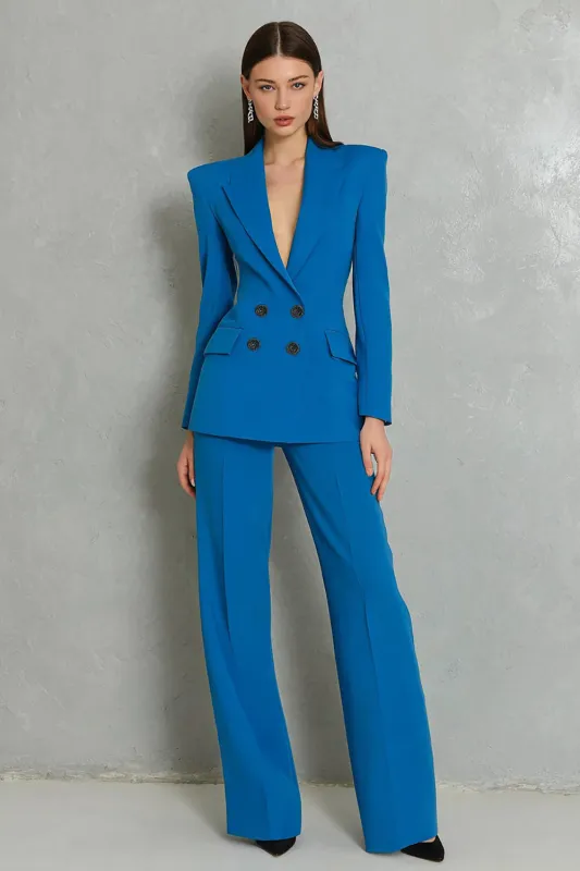 Blue 2-piece Double-breasted Peak Lapel Women Suits sold by Zapaka