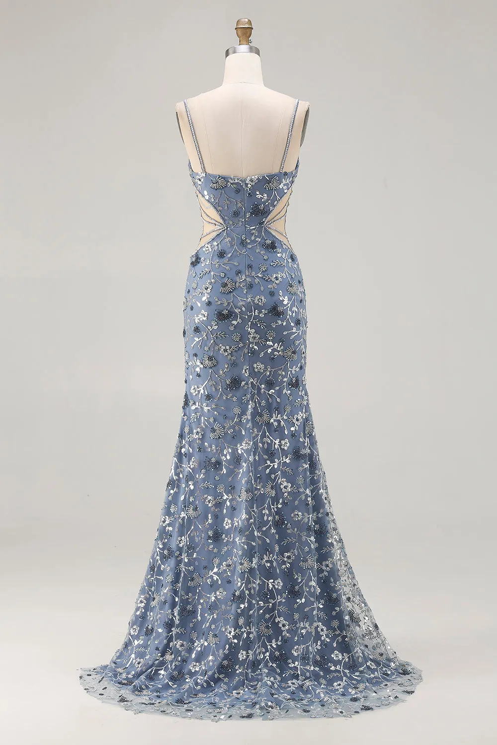 Mermaid Dusty Blue Sequins Beaded Cut Out Long Prom Dress with Slit sold by Zapaka product image thumbnail 2