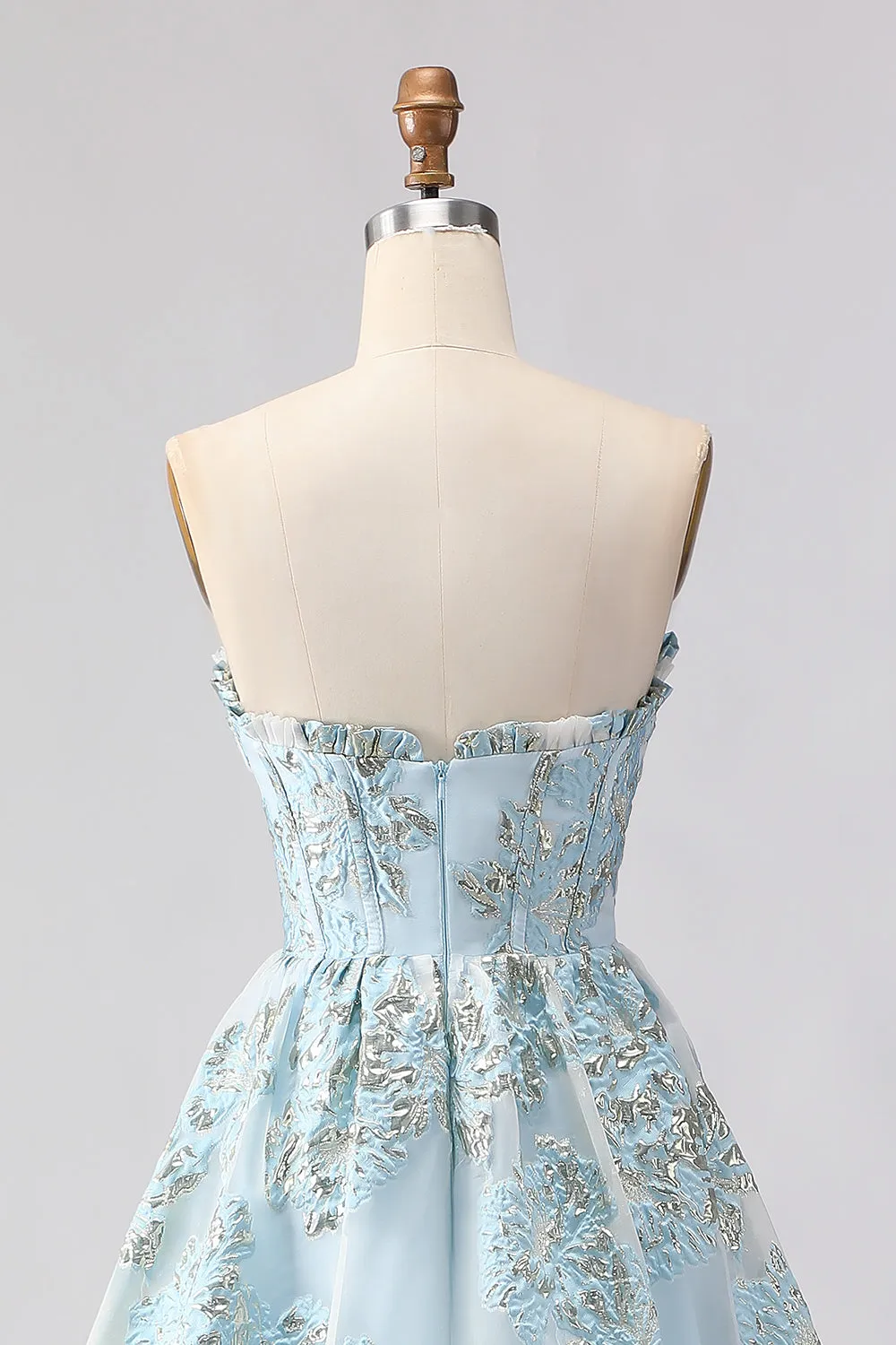 Strapless A Line Light Blue Corset Jacquard Brocade Long Prom Dress with Slit sold by Zapaka product image thumbnail 5