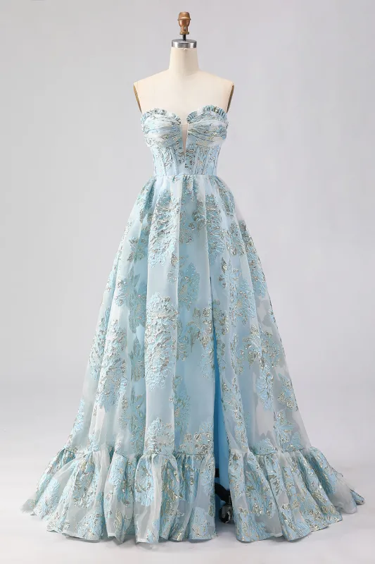 Strapless A Line Light Blue Corset Jacquard Brocade Long Prom Dress with Slit sold by Zapaka