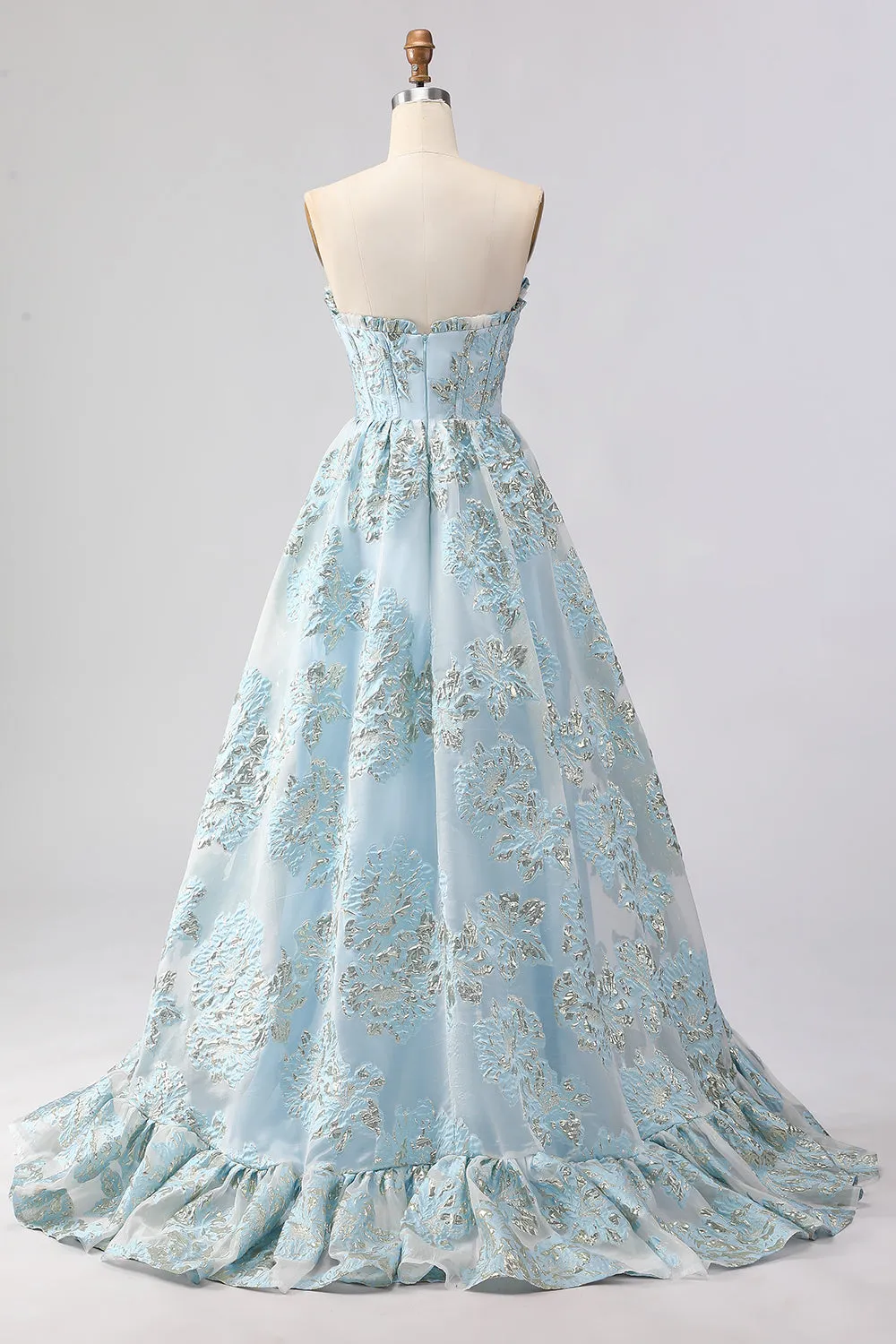 Strapless A Line Light Blue Corset Jacquard Brocade Long Prom Dress with Slit sold by Zapaka product image thumbnail 2