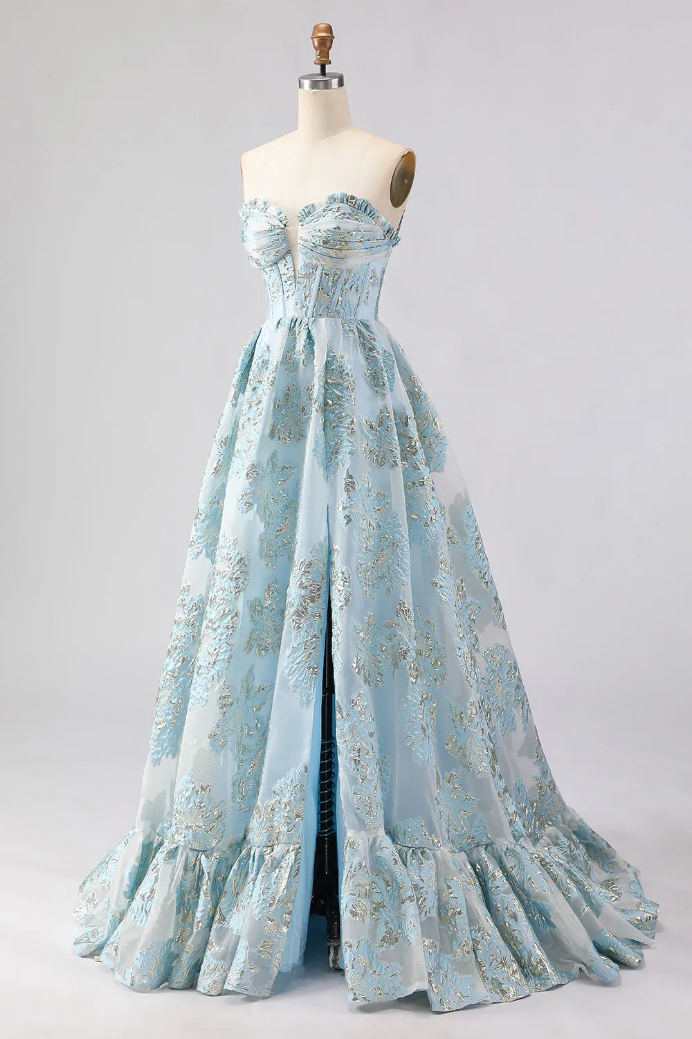 Strapless A Line Light Blue Corset Jacquard Brocade Long Prom Dress with Slit sold by Zapaka product image thumbnail 3
