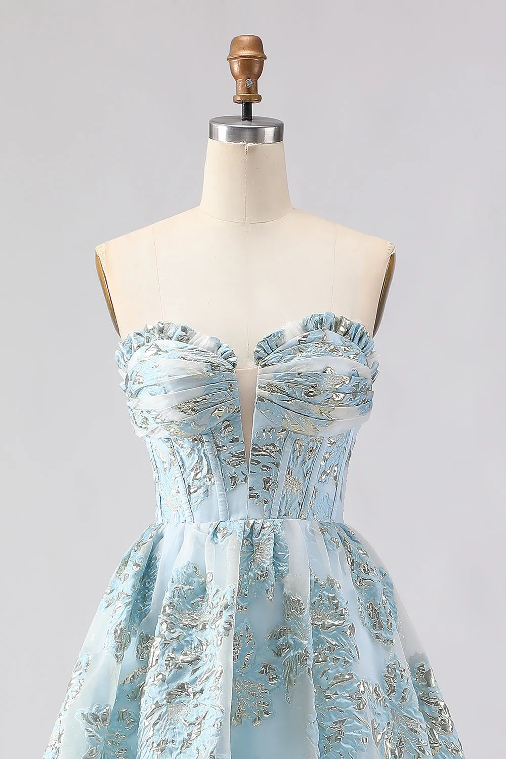 Strapless A Line Light Blue Corset Jacquard Brocade Long Prom Dress with Slit sold by Zapaka product image thumbnail 4