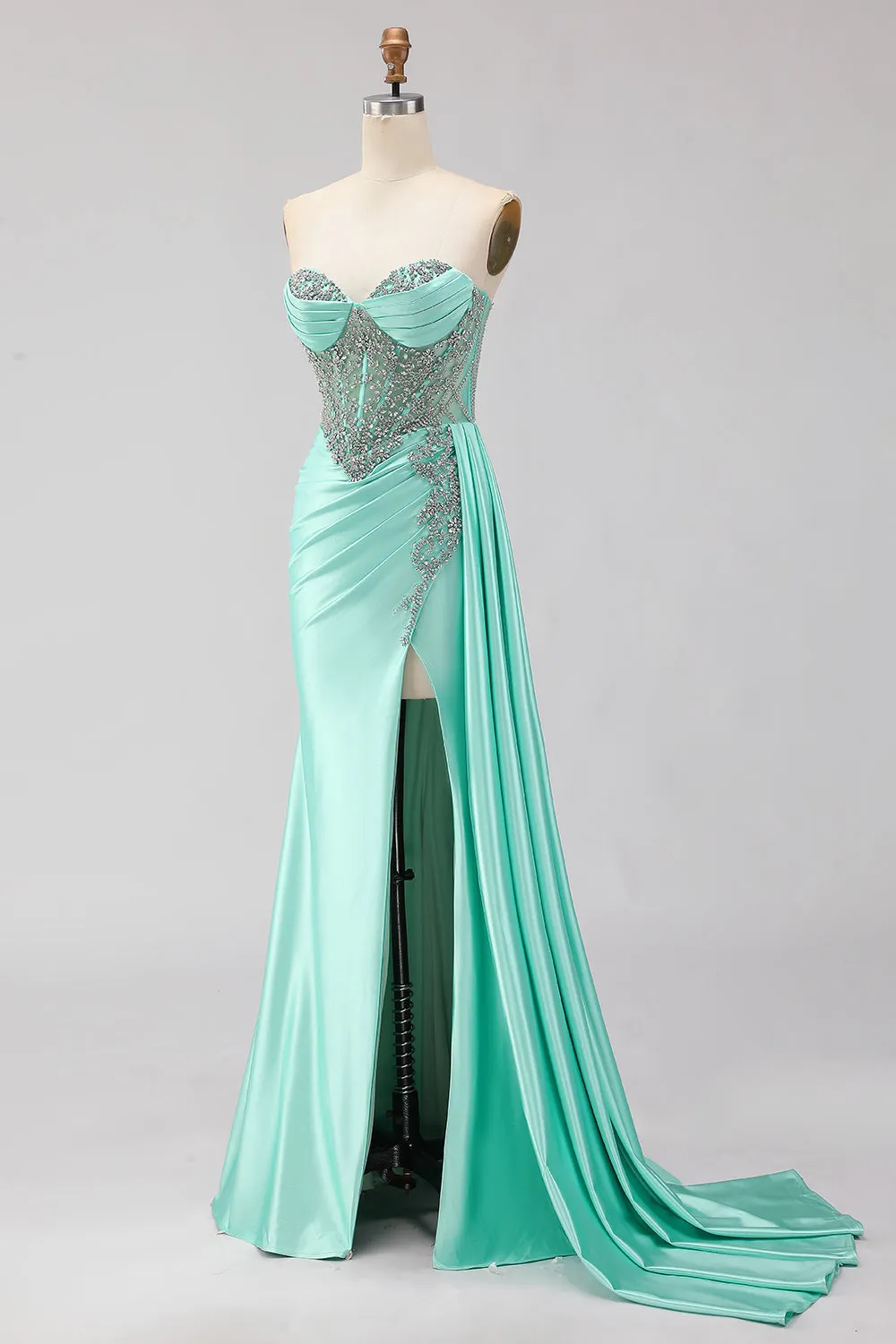 Sweetheart Mermaid Beaded Mint Green Long Prom Dress with Slit sold by Zapaka product image thumbnail 3