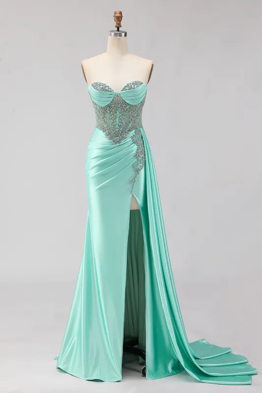 Sweetheart Mermaid Beaded Mint Green Long Prom Dress with Slit sold by Zapaka