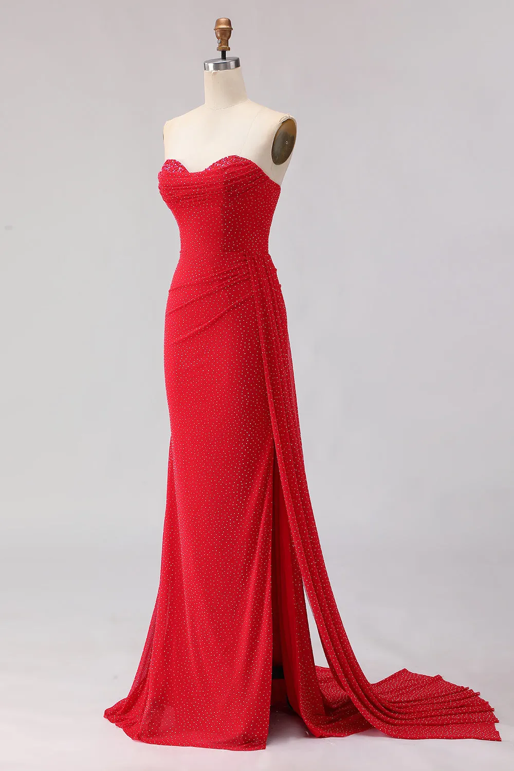 Red Mermaid Strapless Beaded Satin Long Prom Dress with Slit sold by Zapaka product image thumbnail 3