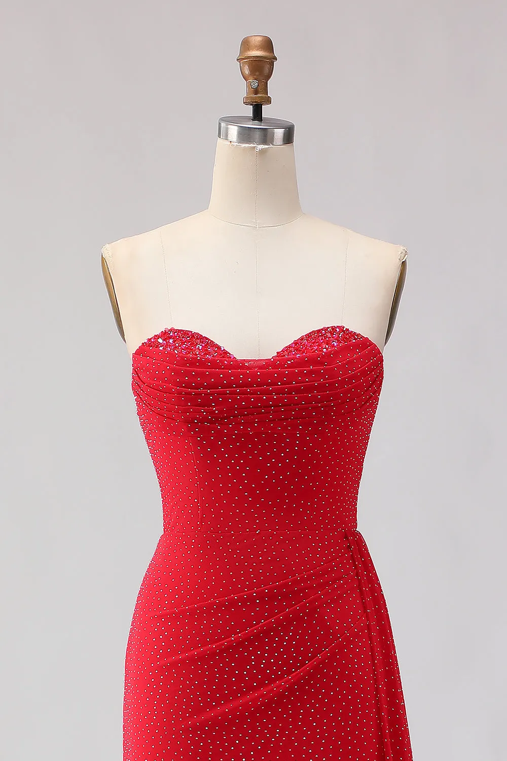 Red Mermaid Strapless Beaded Satin Long Prom Dress with Slit sold by Zapaka product image thumbnail 4
