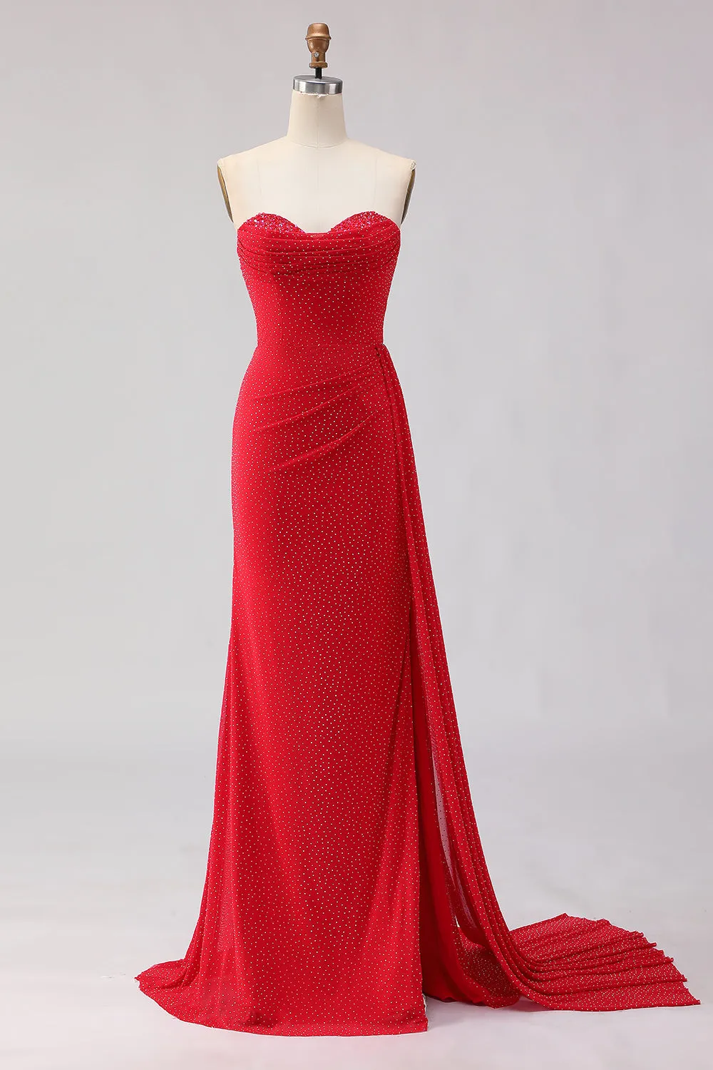 Red Mermaid Strapless Beaded Satin Long Prom Dress with Slit sold by Zapaka