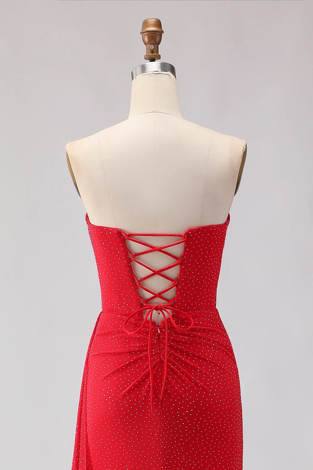 Red Mermaid Strapless Beaded Satin Long Prom Dress with Slit sold by Zapaka product image thumbnail 5