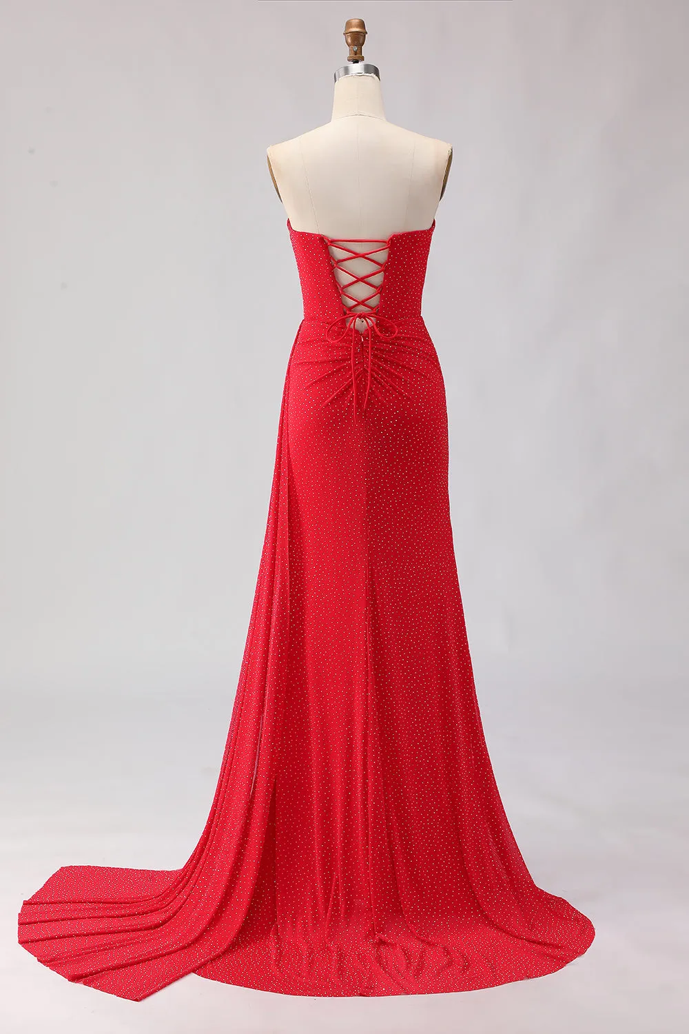 Red Mermaid Strapless Beaded Satin Long Prom Dress with Slit sold by Zapaka product image thumbnail 2