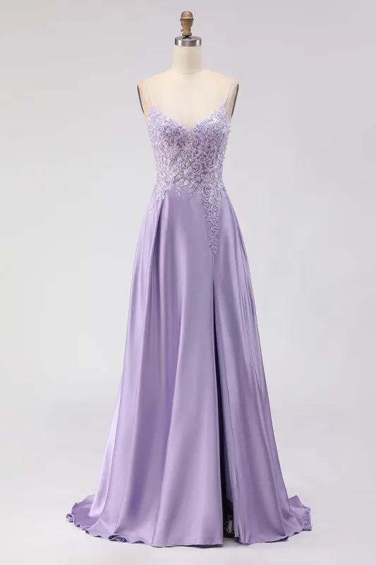 Purple A-Line Satin Sequins Backless Long Prom Dress with Slit sold by Zapaka